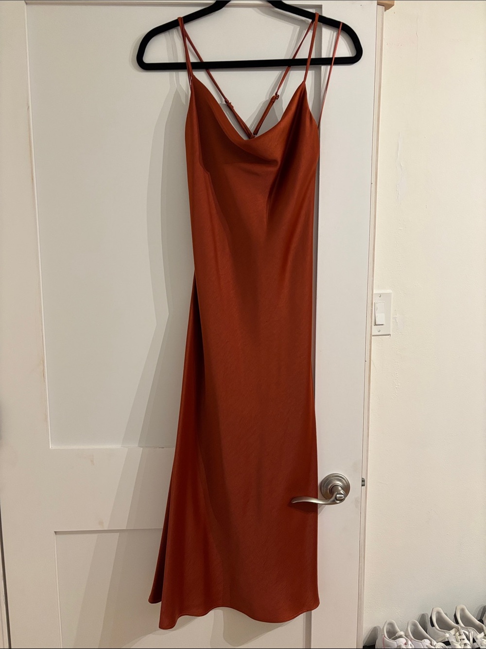 Lucy in Paris Rust Orange Slip Maxi Dress with Cowl Neck